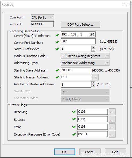 Screenshot of Receive block configuration