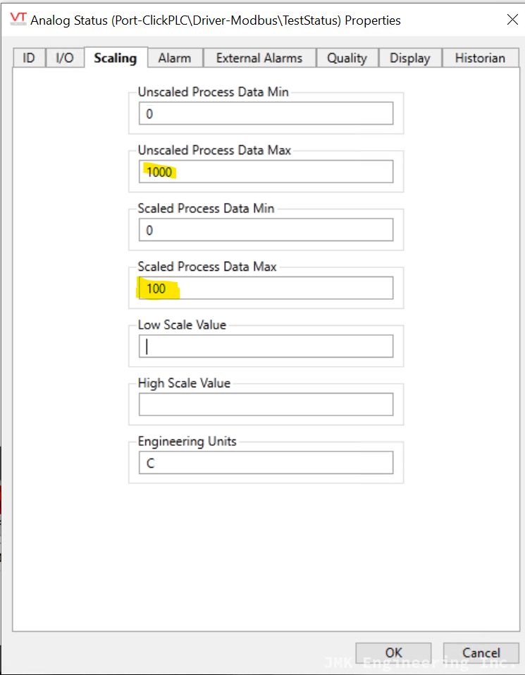 Analog Status tag, Scaling page