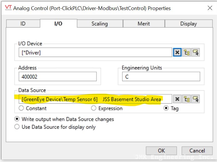 Analog Control tag, I/O page