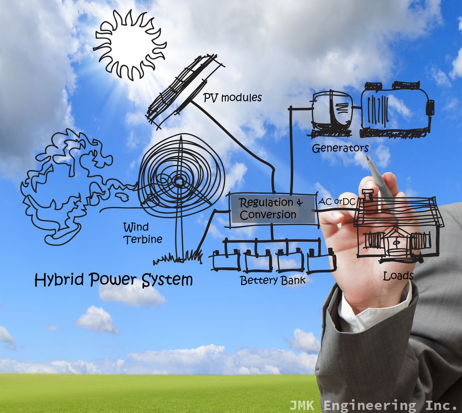 Engineer drawing a hybrid power system